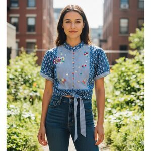 Forever 21 Blue Cotton Floral Embroidered Tie Top Coastal Cottagecore Size M